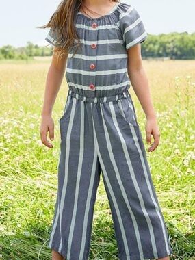 Matilda Jane My Oh My Jumpsuit Romper Blue Stripe Pockets Girls Size 6